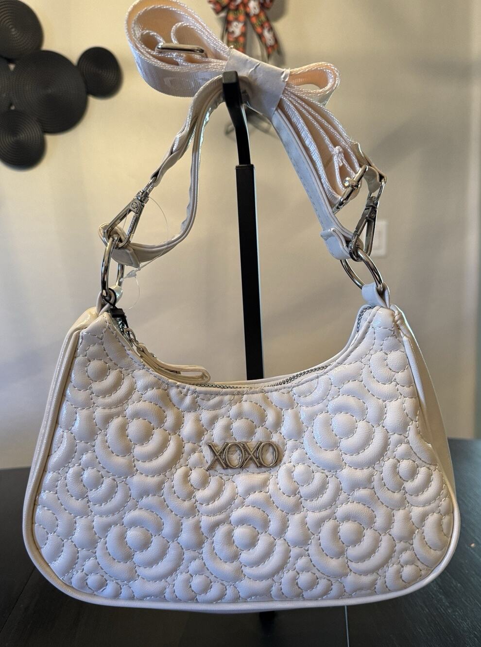 NWT XOXO White Quilted Floral Rose Shoulder Crossbody Bag Crescent Purse